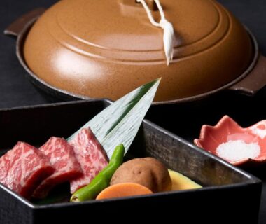 Raw marbled beef and vegetables with cooking pot at Oyado Andon Toba, Mie, Kansai
