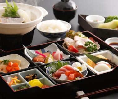 Lacquered compartment meal with sashimi and rice at Oyado Andon Toba in Mie, Kansai