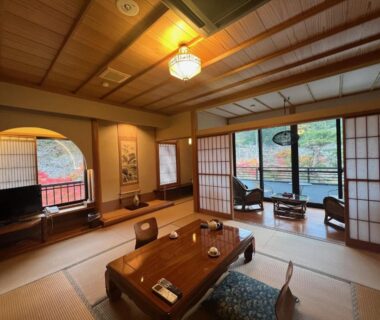 Tatami room with low table, shoji screens and veranda overlooking garden at Suikōen Sakura, Shizuoka