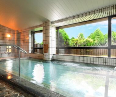 Indoor onsen bath with garden view at Miharu-en Nara, Kansai