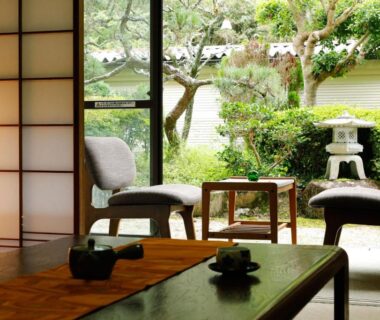 Traditional tatami room with low table and shoji screens overlooking a garden at Miharu-en, Nara, Kansai