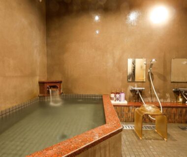 Indoor onsen with washing stations and mirrors at Yanagi-sō in Hyōgo, Kansai