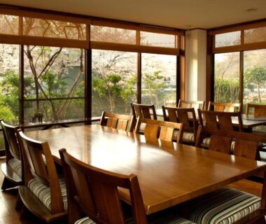 Wooden dining room with large windows overlooking garden at Auberge Hanagoyomi in Shizuoka