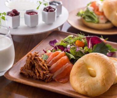 Bagel breakfast with smoked salmon, salad, yogurt and milk at Grandome Fuji Oshino in Yamanashi