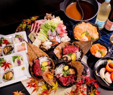 Assorted Japanese multi-course meal at Glamping Village Fuji Kawaguchiko in Yamanashi, Chūbu, Japan