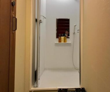 Compact shower stall with toiletries shelf and basket at Dozen Ryokan & Cafe, Kyoto corridor