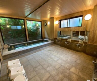 Shared tiled bathing area with soaking tub and shower stations at Business Inn Haijima, Tokyo, Kantō Japan