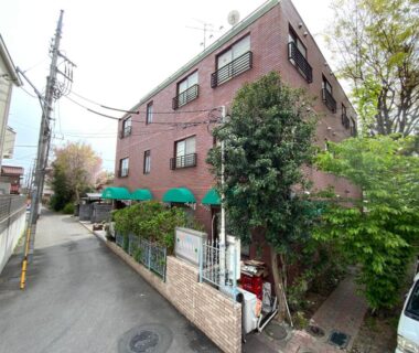Brick-faced lodging with green awnings on a narrow Tokyo street, leafy shrubs at the entrance in Kantō neighborhood