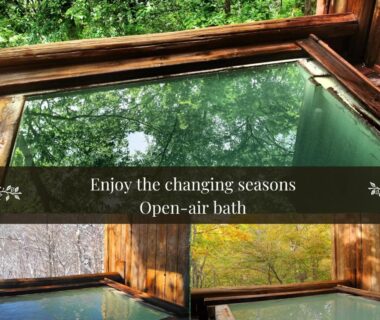 Open-air wooden bath with forest reflections at Piporo Norikura, Nagano