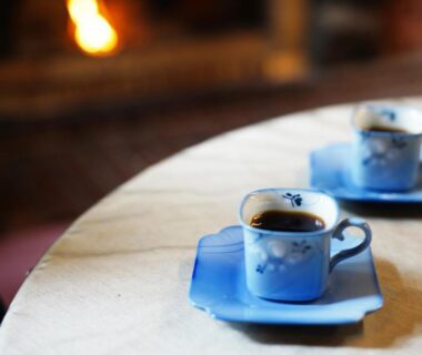 Two blue cups by a fireplace at Piporo Norikura, Nagano, Chūbu, Japan