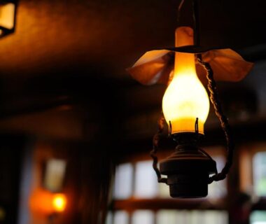 Warm hanging lantern illuminating Piporo Norikura interior, Nagano, Chūbu, Japan