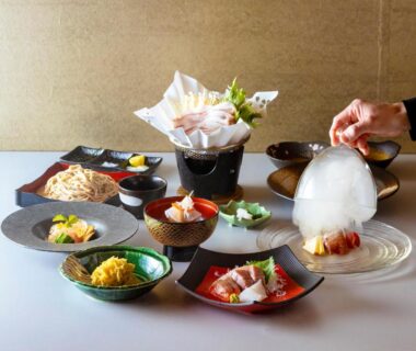 Assorted small Japanese dishes with smoky presentation at Magohachi in Gifu, Chubu, Japan