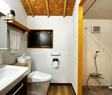 Compact ryokan bathroom with sink, toilet and shower area at Ichishuku Ikkei Isshōen, Ichihara, Chiba