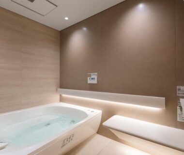 Modern indoor bathtub with bench in Miwa to Sora rental, Ōita, Kyūshū, Japan