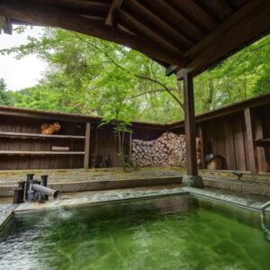 Covered outdoor onsen with green mineral water, wooden bath and stacked firewood at Ichisui-sō, Niigata