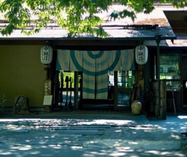 Shaded stone path leading to Nakadana-sō entrance with noren and lanterns in Nagano, Chūbu, Japan