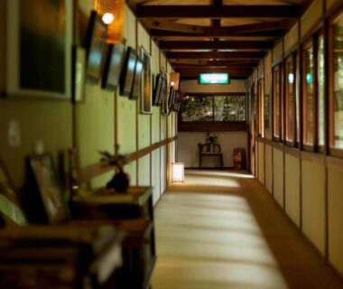 Tatami corridor with shoji windows and wooden beams at Nakadana-sō, Nagano
