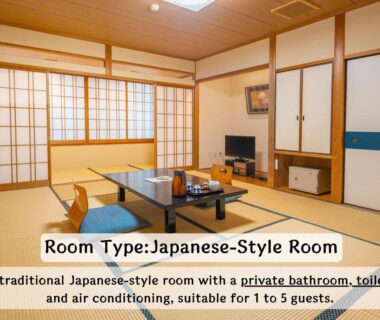 Spacious tatami room with low table, zabuton chairs, shoji screens at HifumiRyokan Kyoto Station, Kyoto, Kansai
