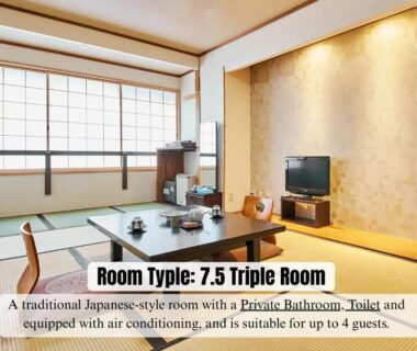 Japanese tatami room with low table, shoji screens and TV at HifumiRyokan Kyoto Station, Kyoto, Japan