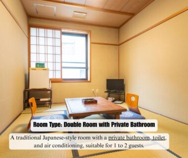 Traditional tatami room with low table, zabuton cushions, shoji window and compact TV at Hifumi Ryokan Kyoto Station