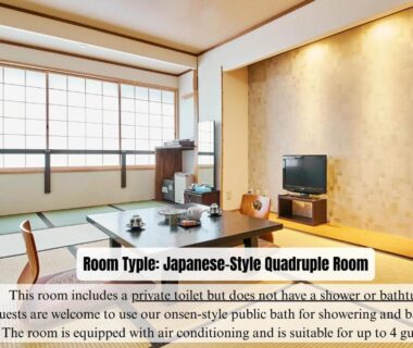 Tatami room with low table, zabuton cushions, futon bedding for four, shoji windows, small TV