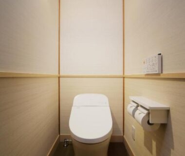 Compact toilet cubicle with electronic controls at Ryokusuitei Akiu Onsen, Miyagi Tohoku