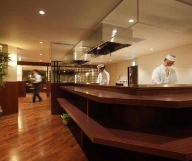 Chefs behind wooden dining counter at Ryokusuitei, Akiu Onsen, Sendai Miyagi Tōhoku