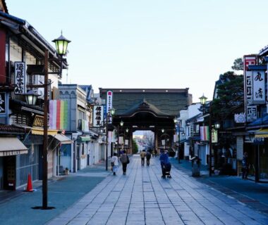 Pedestrian stone-paved approach to a temple gate lined with traditional shops near Yakuōin in Nagano