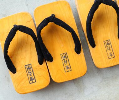 Pair of wooden geta sandals with black straps at Ryokan Yama no Takohei in Hotaka Onsen, Azumino, Nagano