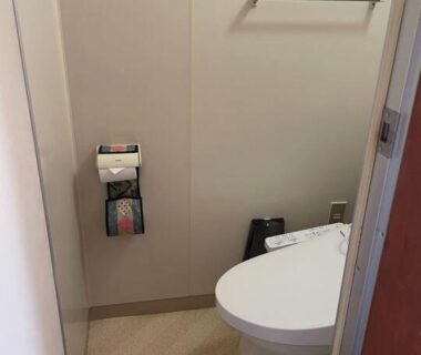 Compact toilet with wall-mounted paper holder, towel bar and slippers in Iriyamato, Nagano ryokan room
