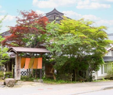 Traditional entrance with noren curtains and verdant trees at Nagomi no Yuyado Nakayama in Nagano