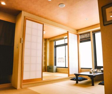 Tatami room with low table and shoji screens at Waseidō Zen, Hyōgo, Kansai, Japan