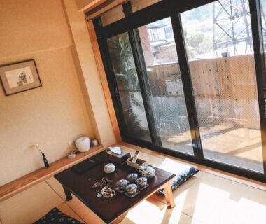 Low table and tatami in Waseidō Zen room with balcony in Hyōgo Kansai