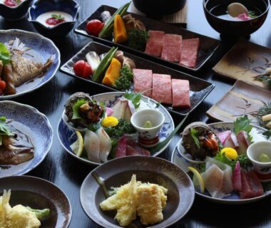 Sashimi, tempura and small dishes served at Ryokan Sakamotoya in Kyoto, Kansai