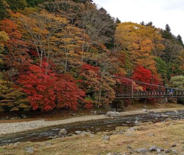 River with wooden footbridge and autumn maples beside a ryokan in Nasu-Shiobara, Tochigi