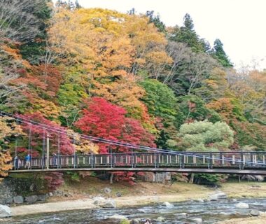 Wooden riverside footbridge with colorful autumn foliage, near Banshō Nasu-Shiobara in Tochigi, Kantō
