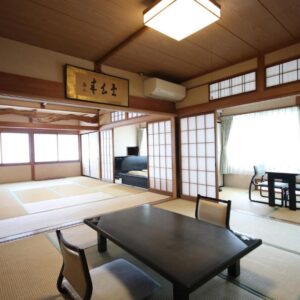 Tatami room with low table, shoji screens and window seating at Jinpyōkaku Honten, Nagano, Chūbu