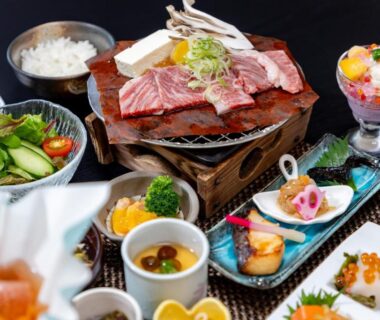 Assorted traditional multi-course dishes at Shirakawagō no Yu in Gifu, Chūbu region Japan