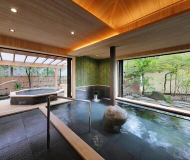 Indoor hot spring bath with wooden soaking tub and garden view at TENDOSO in Yamagata