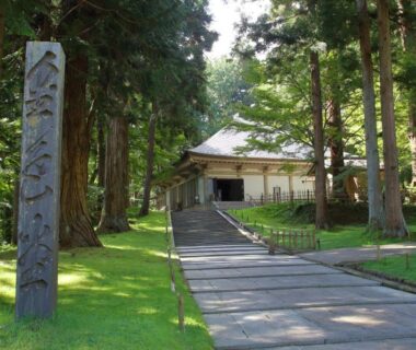 Tree-lined stone path leading to ryokan building with carved wooden sign among shaded cedar grounds in Iwate
