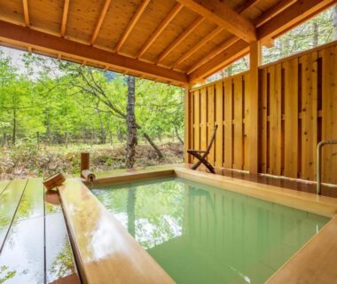 Covered wooden onsen tub overlooking forest at Yunomori Okunikko Yumoto Onsen, Tochigi Japan