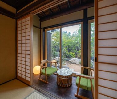 Tatami room with shoji, low table and garden at Wabi Sabi ryokan, Hyōgo Kansai