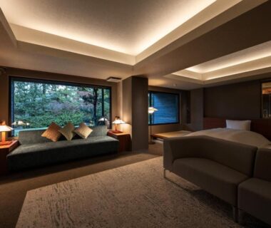 Spacious guest room with window seat and garden view at Kotan Ureshino, Ureshino Onsen, Saga