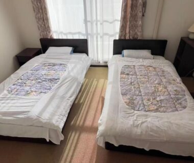 Twin beds on tatami floor at Awa Resort Ryokan Rinkai Garyū, Chiba, Kantō