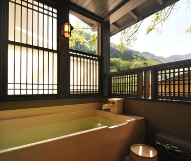 Wooden balcony bath overlooking tree-lined hills at Yama no Chaya, Kanagawa, Kantō