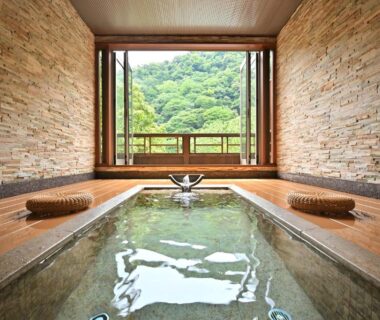 Indoor wooden bath with mountain view at Yama no Chaya, Kanagawa