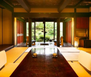Traditional tatami room with low table and garden view at Wadaya, Ishikawa, Chūbu, Japan