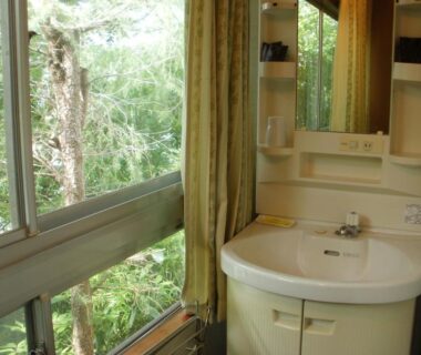 Compact vanity and mirror beside large window with tree-lined view at Oyado Shinshima, Shizuoka Chūbu