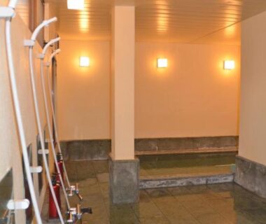 Indoor bathing area with wall-mounted showers and a stone-lined soaking area at Oyado Shinshima in Shizuoka, Chūbu, Japan