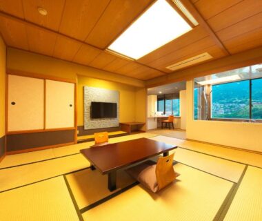 Tatami room with low table and window view at Oyado Zuiyō, Shizuoka, Chūbu, Japan